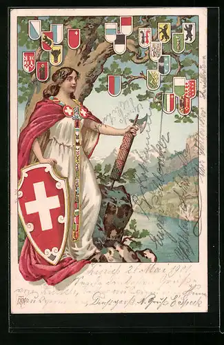AK Schweiz, Helvetia mit Rutenbündel und Schild mit Schweizerkreuz unter Kantonswappen