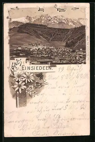 Lithographie Einsiedeln, Ortsansicht mit Alpen und Edelweiss