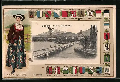 Passepartout-Lithographie Genève, Pont du Montblanc, Wappen