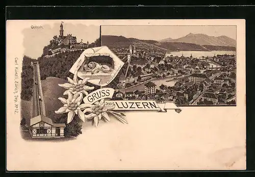 Lithographie Luzern, Gütsch, Totalansicht
