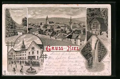 Lithographie Biel, Burg, Wärter Haus, Taubenloch-Schlucht