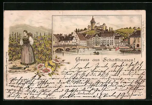 Lithographie Schaffhausen, Ortspartie mit Brücke, Bäuerin bei Weinlese