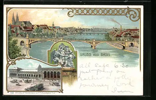 Lithographie Basel, Panorama mit Brücke und Münster