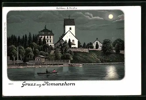 Mondschein-AK Romanshorn, Schloss und Kirche mit Ruderpartie