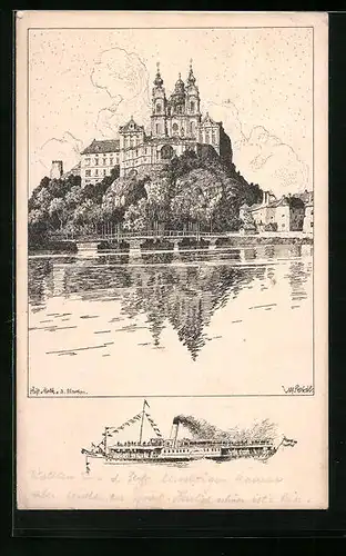 Künstler-AK Wachau, Schlossansicht mit Dampfer