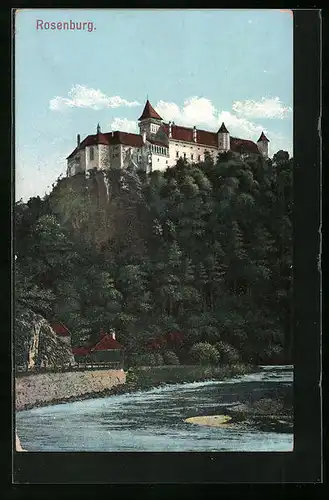 AK Rosenburg, Blick zur Burg mit dem See