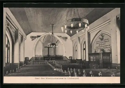 AK Liebenzell, Saal des Missionshauses mit Leuchter