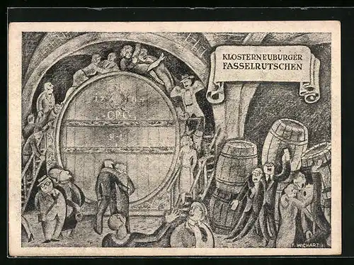 Künstler-AK Klosterneuburg, Karikatur Fasselrutschen mit trinken Gästen