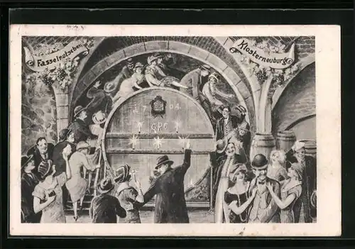 Künstler-AK Klosterneuburg, Elegant gekleidete Menschen beim Fasselrutschen