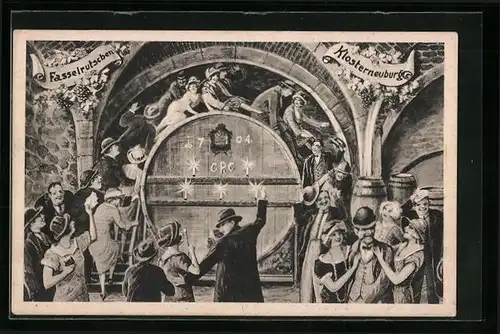 Künstler-AK Klosterneuburg, Fasselrutschen in lustiger Gesellschaft
