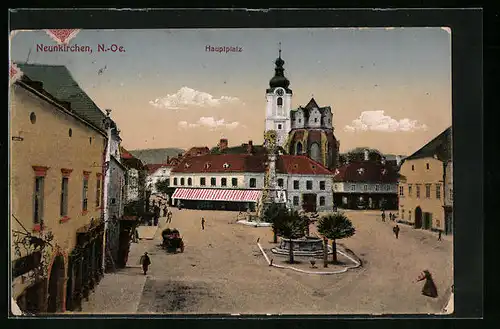 AK Neunkirchen, Hauptplatz mit Kirche und Passanten
