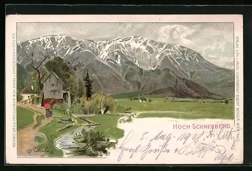 Künstler-AK Hoch-Schneeberg, Bergpanorama mit Häuschen
