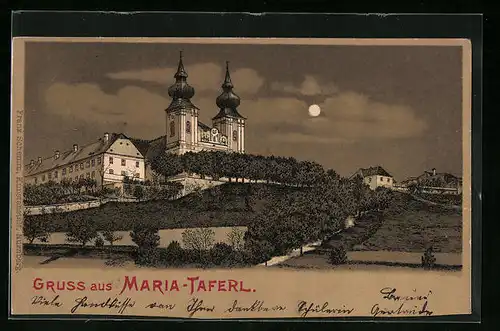 Mondschein-Lithographie Maria-Taferl, Wallfahrtskirche bei Nacht