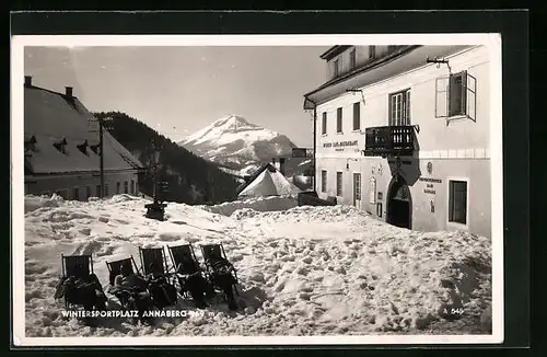 AK Annaberg, Wintersportplatz mit Gaststätte und sich sonnenden Besuchern