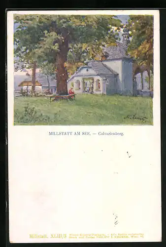 AK Millstatt am See, Calvarienberg mit Bank unter Baum