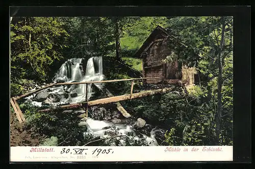 AK Millstatt, Mühle in der Schlucht mit Holzbrücke und Wasserfall