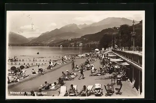 AK Millstatt am See, Strandbad mit Liegestühlen und Badegästen