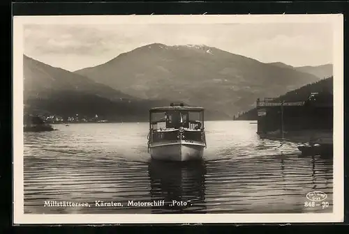 AK Millstättersee, Motorschiff Poto vor Bergpanorama