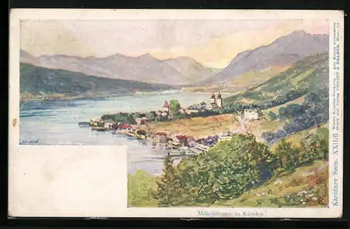 AK Millstatt, Blick auf den See mit Bergen