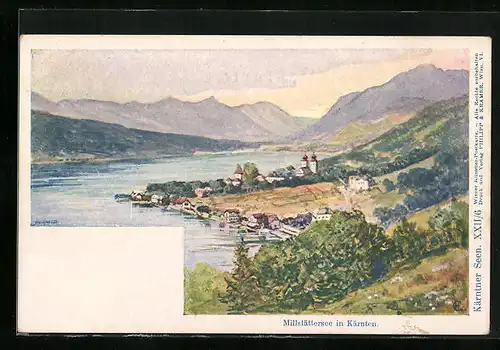 AK Millstatt, Ortsansicht mit See und Bergen