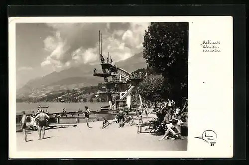 AK Millstatt, Strandbad mit Sprungturm und Badegästen