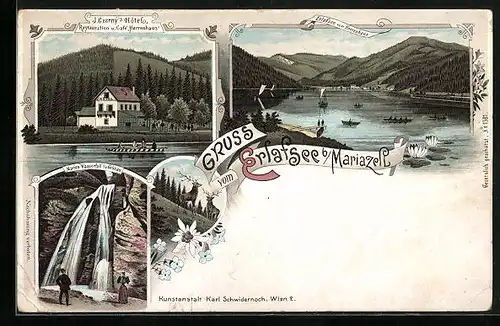 Lithographie Mariazell, Erlafsee, J. Czernys Hütte, Marien-Wasserfall