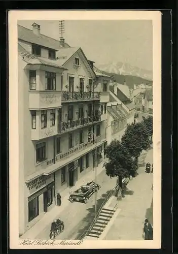 AK Mariazell, Hotel Surböck mit Strassenpartie