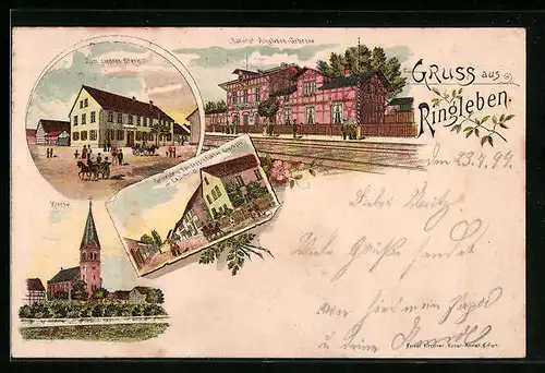 Lithographie Ringleben, Gasthaus zum goldnen Stern, Bahnhof, Geschäft Schmidt