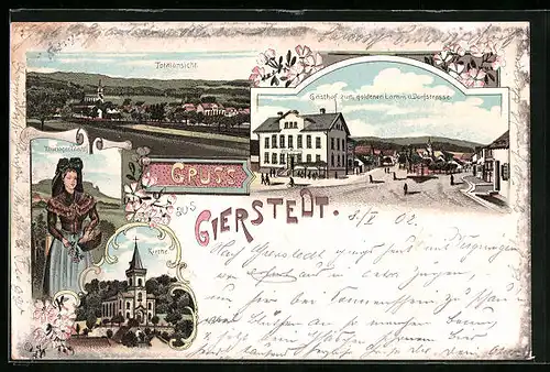 Lithographie Gierstedt, Gasthof zum goldenen Lamm, Dorfstrasse, Thüringer Tracht, Totalansicht