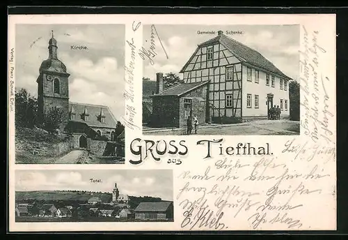 AK Tiefthal, Gemeinde-Gasthaus, Kirche, Totalansicht