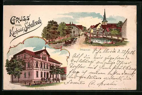 Lithographie Schellroda, Gleichnamiges Kurhaus, Strasse mit Kirche