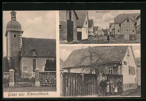 AK Kleinrettbach, Kirche mit Friedhof, Strassenpartie mit Passanten