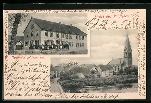 AK Ringleben, Gasthof zum goldenen Stern, Ortspartie mit Kirche