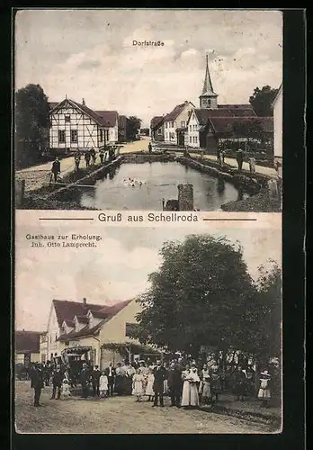 AK Schellroda, Gasthaus zur Erholung, Dorfstrasse mit Ententeich