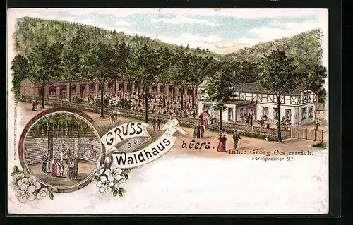 Künstler-AK Gera, Gaststätte Waldhaus aus der Vogelschau, Brunnen mit Besuchern