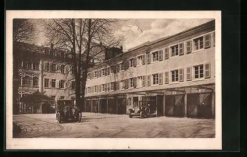 AK Heidelberg, Hotel Europäischer Hof - Garagen-Neubau mit Automobilen