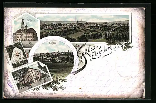 Lithographie Eisenberg, Gymnasium, Bismarckstein, Rathhaus