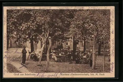 AK Schellroda bei Erfurt, Gaststätte Kurhaus - Gastgarten mit Gästen und Schornsteinfeger