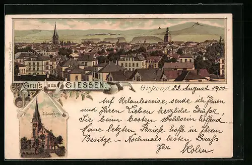 Lithographie Giessen, Ortsansicht mit Johannes-Kirche