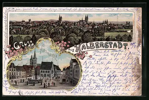 Lithographie Halberstadt, Ortsansicht mit Holzmarkt