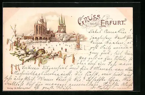 Lithographie Erfurt, Stadt im Schnee