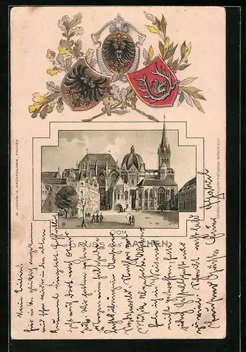 Passepartout-Lithographie Aachen, Dom mit geprägten Wappen