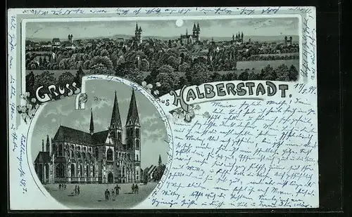 Mondschein-Lithographie Halberstadt, Ortsansicht mit Dom