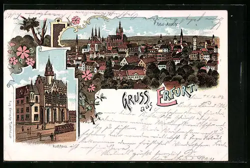 Lithographie Erfurt, Totalansicht mit Rathaus