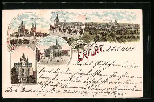 Lithographie Erfurt, Rathaus, Dom und Severikirche