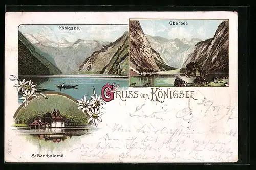 Lithographie Königsee, Ansichten des Sees mit Obersee und St. Bartholomä