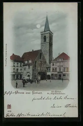 Mondschein-AK Erfurt, St. Aegidienkirche mit Passanten