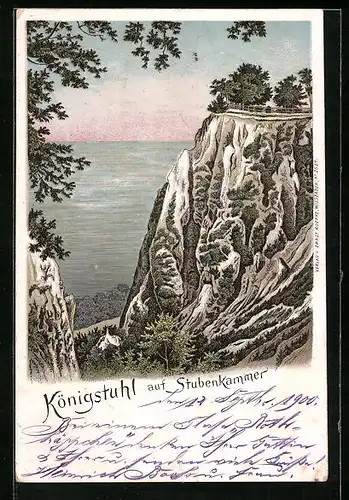 Lithographie Königstuhl /Stubenkammer, Blick aufs Wasser mit Felsvorsprüngen