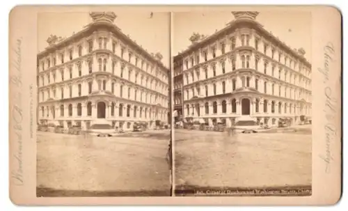 Stereo-Fotografie Woodward & Alber, Rochester / NY, Ansicht Chicago, Corner of Dearborn and Washington Street