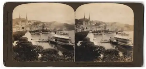 Stereo-Fotografie American Stereoscopic Co., New York, Ansicht Luzern, Ausflugsdampfer Victoria am Steg vor der Stadt